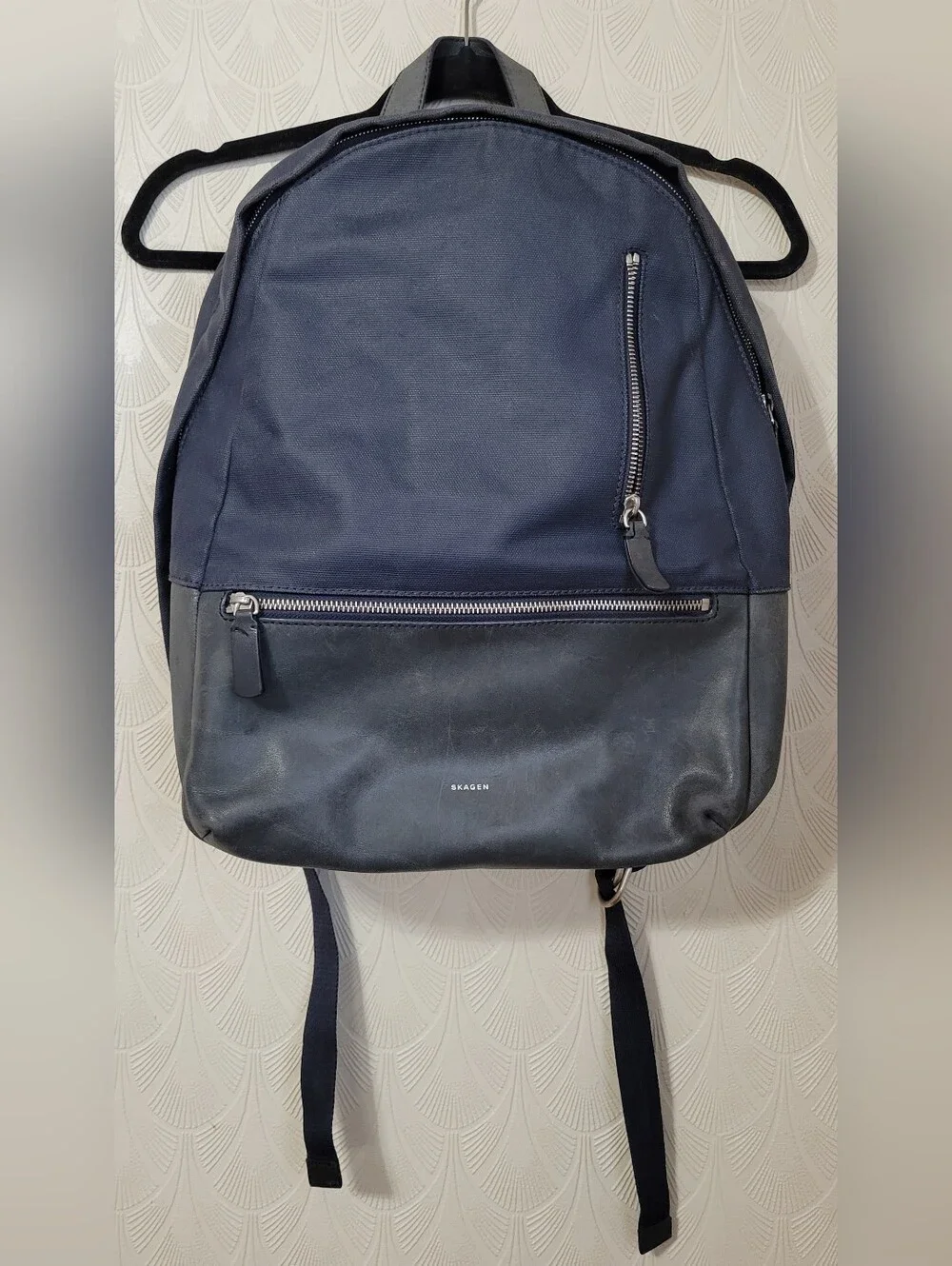 Skagen Kroyer 2.0 Coated Canvas Navy Blue Backpack Utility Bag Faux Leather